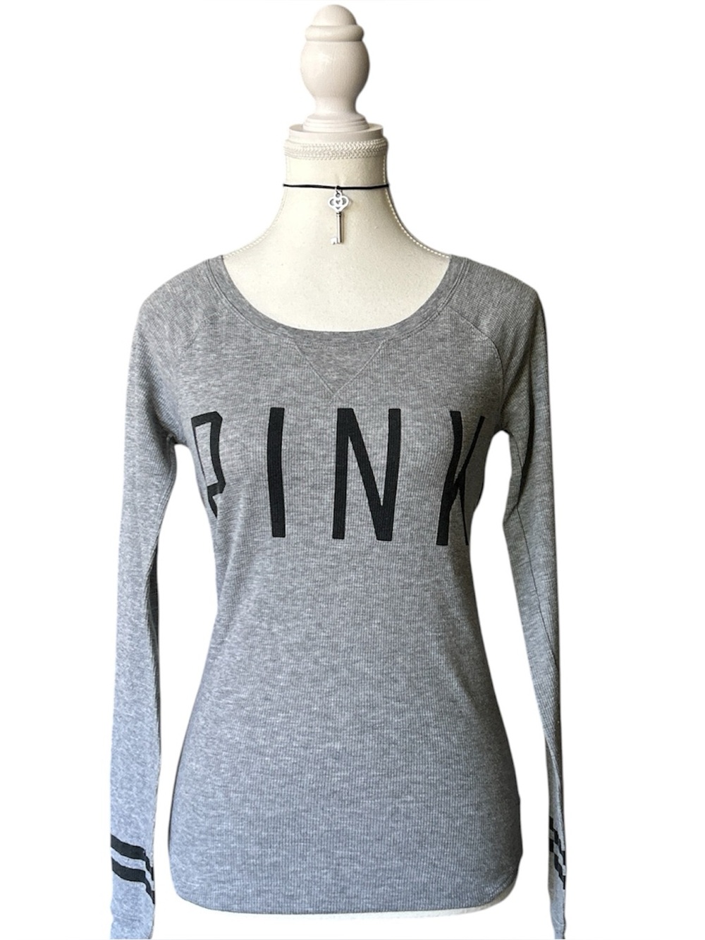 Y2K Coquette “PINK Victorias Secret” Basic Gray Waffle Knit Long Sleeve Top